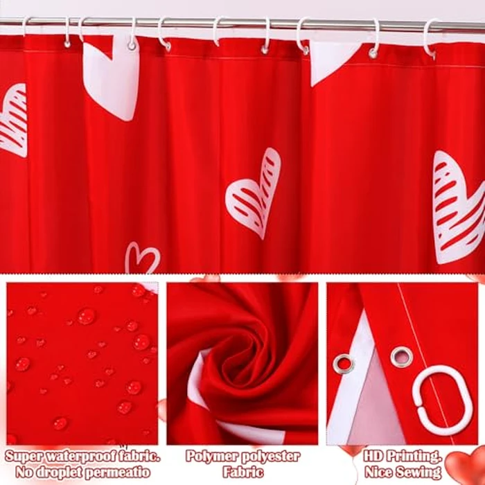 Drydiet 4 Pcs Valentine's Day Shower Curtain Set, Non Slip Rugs Toilet Lid Cover U Shape Bath Mat and 12 Hooks Love Heart Shape Red Bathroom Supplies for Valentines Accessories Decor Set by Drydiet - Image 6