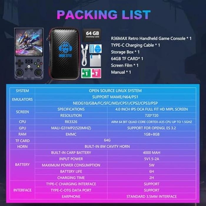 R36MAX Retro Handheld Game Console, 4.0 Inch 720x720 IPS Screen, 64GB Built-in 18,000+ Classic Game, Portable Hand Held Open Source Linux System, 4000mAh Battery Retro Gaming Console(Gray 64GB) by DVJQSN - Image 9