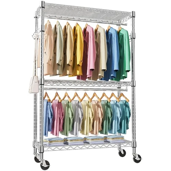 M MZG Heavy Duty Rolling Garment Rack 3 Tiers Adjustable Wire Shelving Clothes Rack with 2 Rods and Side Hooks, Storage Closet Clothing Rack with Wheels Chrome (45 D x 120 W x 212 H) CM by M MZG - Used - Good condition