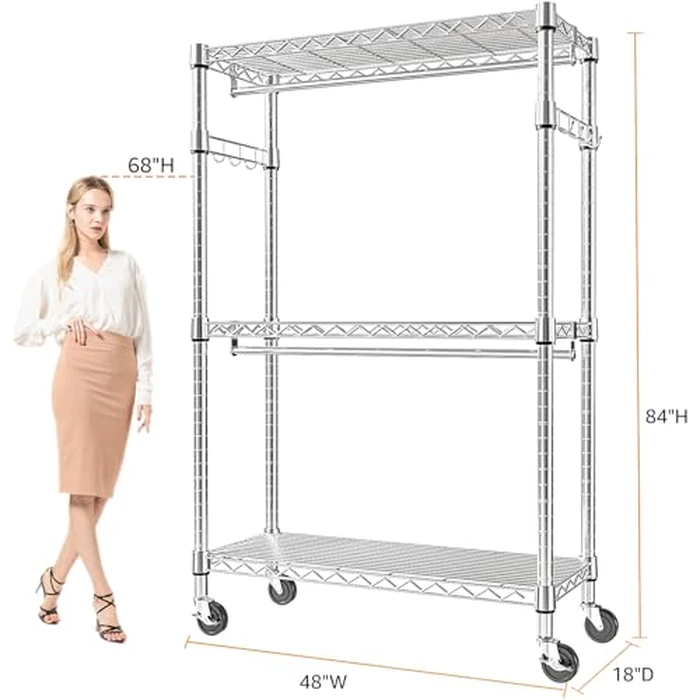 M MZG Heavy Duty Rolling Garment Rack 3 Tiers Adjustable Wire Shelving Clothes Rack with 2 Rods and Side Hooks, Storage Closet Clothing Rack with Wheels Chrome (45 D x 120 W x 212 H) CM by M MZG - Image 2