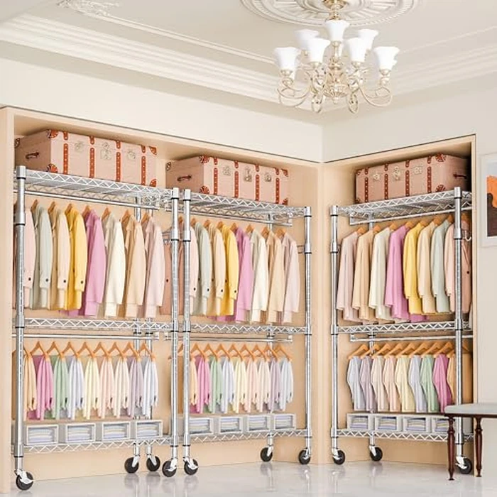 M MZG Heavy Duty Rolling Garment Rack 3 Tiers Adjustable Wire Shelving Clothes Rack with 2 Rods and Side Hooks, Storage Closet Clothing Rack with Wheels Chrome (45 D x 120 W x 212 H) CM by M MZG - Image 4