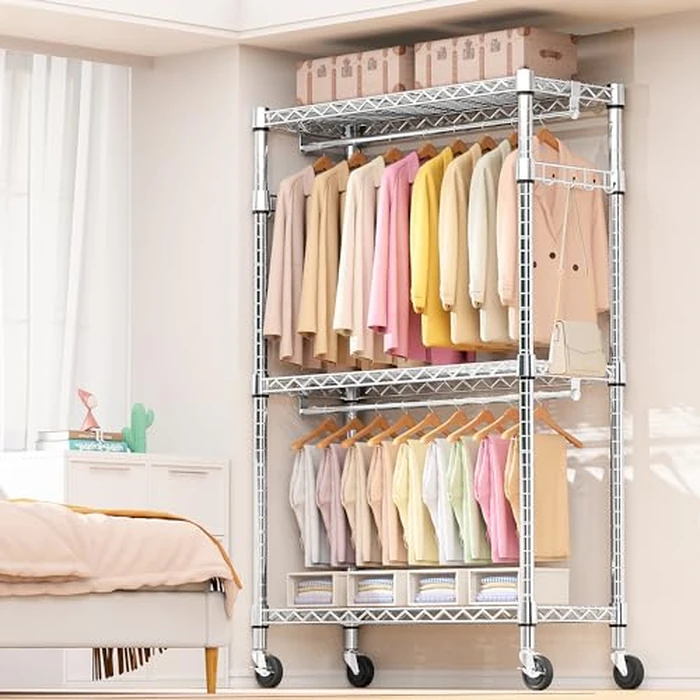 M MZG Heavy Duty Rolling Garment Rack 3 Tiers Adjustable Wire Shelving Clothes Rack with 2 Rods and Side Hooks, Storage Closet Clothing Rack with Wheels Chrome (45 D x 120 W x 212 H) CM by M MZG - Image 5