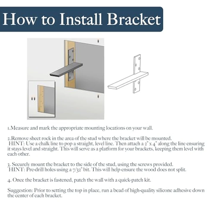 Free Hanging Countertop Support Bracket 16"Lx2 1/2"W Hidden Floating Wall Bracket 3/8" Thick Heavy Duty Granite Countertop Bracket Hidden Shelf Bracket for Floating Wall Bars,Wall Bench Seats,Vanities by WINKER - Image 4