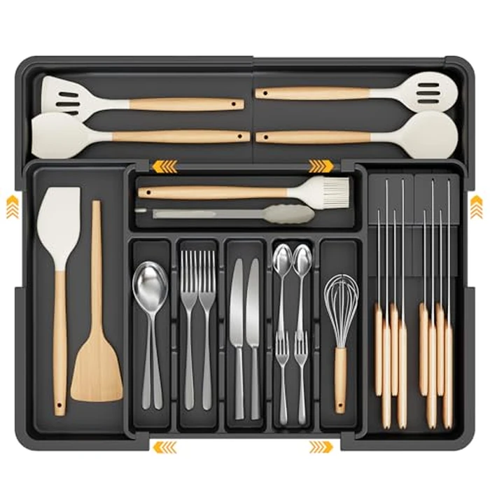Ceecysaa Cutlery Organizer with 2 Removable Knife Blocks, Expandable Utensil Tray,Adjustable Cutlery Tray Drawer Organizer for Spoons, Knives, Kitchen Organizers and Storage,ABS,Black(6-9 Slots) by Ceecysaa - Used - Like New condition - CA$21.99