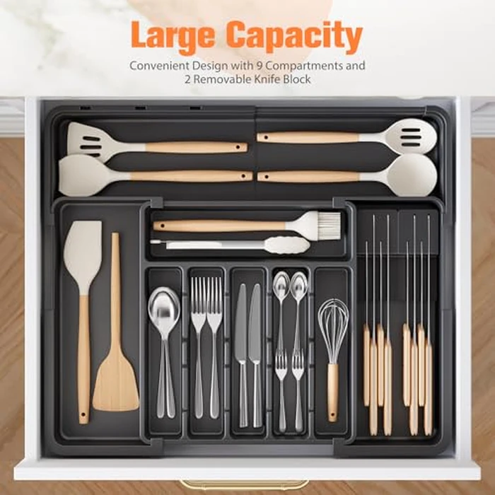 Ceecysaa Cutlery Organizer with 2 Removable Knife Blocks, Expandable Utensil Tray,Adjustable Cutlery Tray Drawer Organizer for Spoons, Knives, Kitchen Organizers and Storage,ABS,Black(6-9 Slots) by Ceecysaa - Image 3