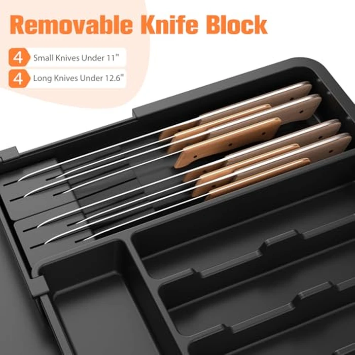 Ceecysaa Cutlery Organizer with 2 Removable Knife Blocks, Expandable Utensil Tray,Adjustable Cutlery Tray Drawer Organizer for Spoons, Knives, Kitchen Organizers and Storage,ABS,Black(6-9 Slots) by Ceecysaa - Image 5