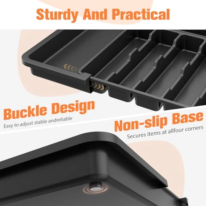 Ceecysaa Cutlery Organizer with 2 Removable Knife Blocks, Expandable Utensil Tray,Adjustable Cutlery Tray Drawer Organizer for Spoons, Knives, Kitchen Organizers and Storage,ABS,Black(6-9 Slots) by Ceecysaa - Image 6