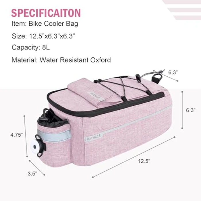 RAYMACE Bike Trunk Cooler Bag With Tail Light,Bicycle Rear Rack Bag Insulated Storage 8L,Pannier Bag (Pink) by RAYMACE - Image 3