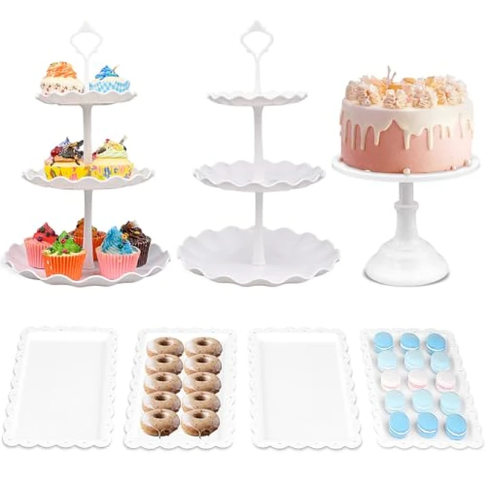 7 Pcs White Dessert Table Stand Set 1 Pcs Metal Cake Stand 2 Pcs 3-Tier Plastic Cupcake Stands Cookie Tray Rack Serving Tray Cake Display Tower and 4 Pcs Dessert Tray for Wedding Party Baby Shower by Tesion - Used - Like New condition - CA$33.26