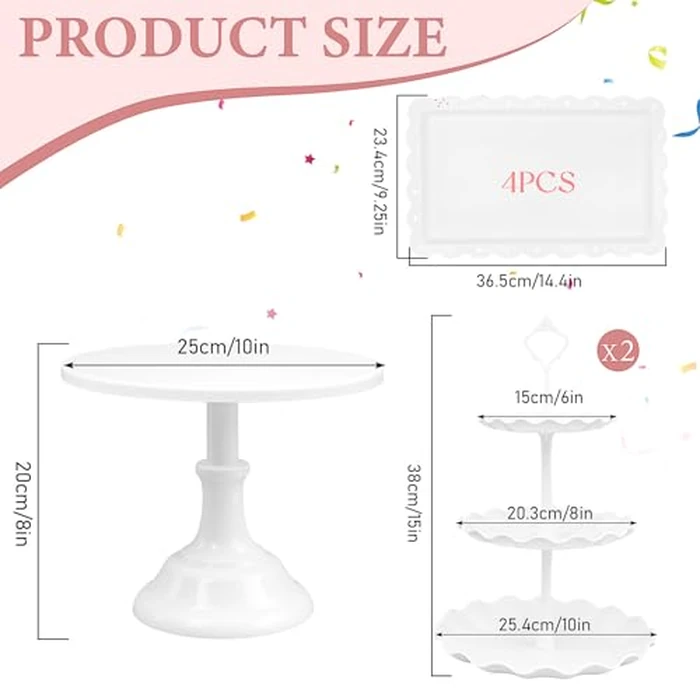 7 Pcs White Dessert Table Stand Set 1 Pcs Metal Cake Stand 2 Pcs 3-Tier Plastic Cupcake Stands Cookie Tray Rack Serving Tray Cake Display Tower and 4 Pcs Dessert Tray for Wedding Party Baby Shower by Tesion - Image 2