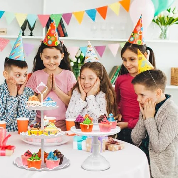 7 Pcs White Dessert Table Stand Set 1 Pcs Metal Cake Stand 2 Pcs 3-Tier Plastic Cupcake Stands Cookie Tray Rack Serving Tray Cake Display Tower and 4 Pcs Dessert Tray for Wedding Party Baby Shower by Tesion - Image 3