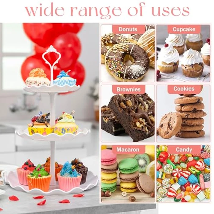 7 Pcs White Dessert Table Stand Set 1 Pcs Metal Cake Stand 2 Pcs 3-Tier Plastic Cupcake Stands Cookie Tray Rack Serving Tray Cake Display Tower and 4 Pcs Dessert Tray for Wedding Party Baby Shower by Tesion - Image 4