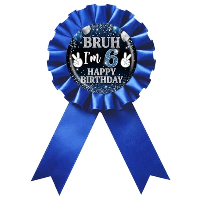 Bruh I'm 6 Happy Birthday Tinplate Badge Pin, Blue Rosette It's My 6th Birthday Award Ribbon Button, Blue Balloon Bro I'm 6 Brooch Pin for 6th Anniversary Party Decoration by SISIHAN - Used - Like New condition