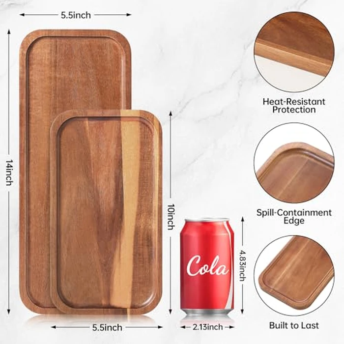 HOMKULA Small Solid Acacia Wood Serving Trays and Platters - Wooden Mini Charcuterie Boards, Rectangle Cheese Board for Food, Bathroom, Home Decor, Kitchen Counter, (14" x 5.5", 1 Pack) by HOMKULA - Image 2
