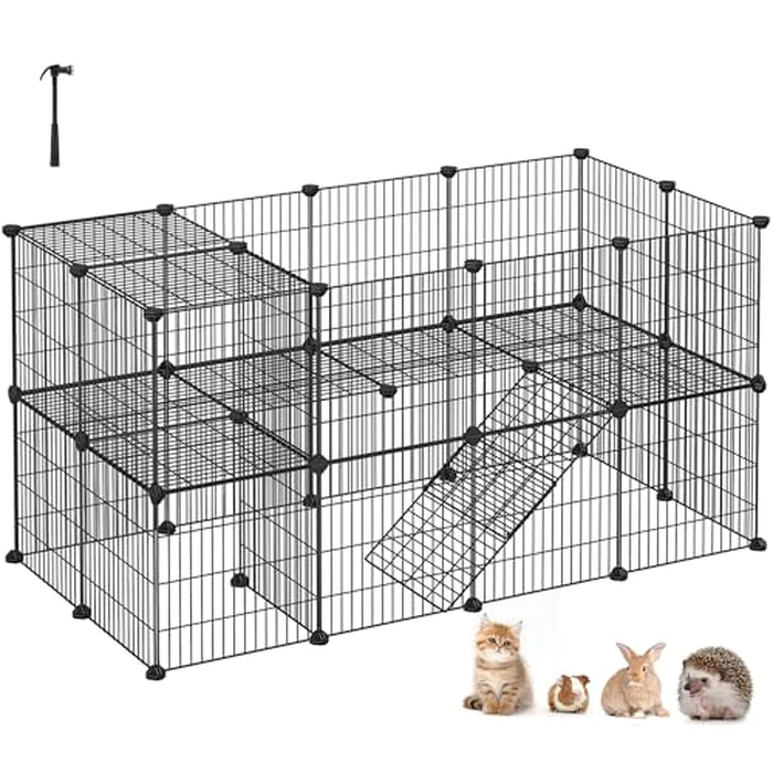 SONGMICS Pet Playpen, Small Animal Playpen, Rabbit Guinea Pig Cage, Zip Ties Included, Metal Wire Apartment-Style Two-Story Pet Premium Villa for Bunnies Puppies, Indoor Use, Black ULPI02H by SONGMICS - Used - Like New condition - US$40.37