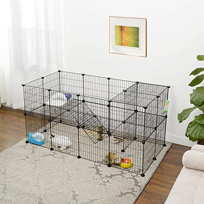 SONGMICS Pet Playpen, Small Animal Playpen, Rabbit Guinea Pig Cage, Zip Ties Included, Metal Wire Apartment-Style Two-Story Pet Premium Villa for Bunnies Puppies, Indoor Use, Black ULPI02H by SONGMICS - Image 3