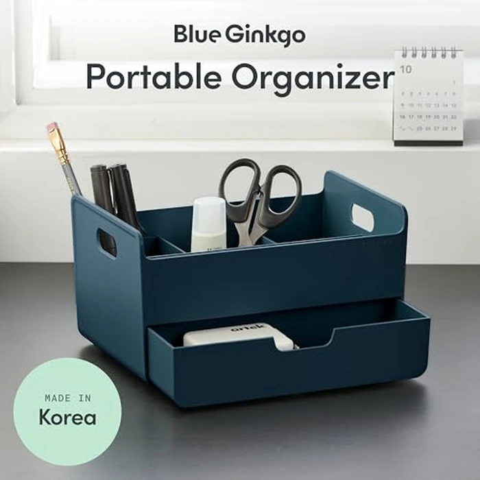 Blue Ginkgo Portable Desk Organizer - Compact 3 Compartment, Half-drawer Storage - Pen Holder, Stationery Desktop Organizer for Office, Makeup, Crafts (Made in Korea, Blue) by BLUE GINKGO - Image 2
