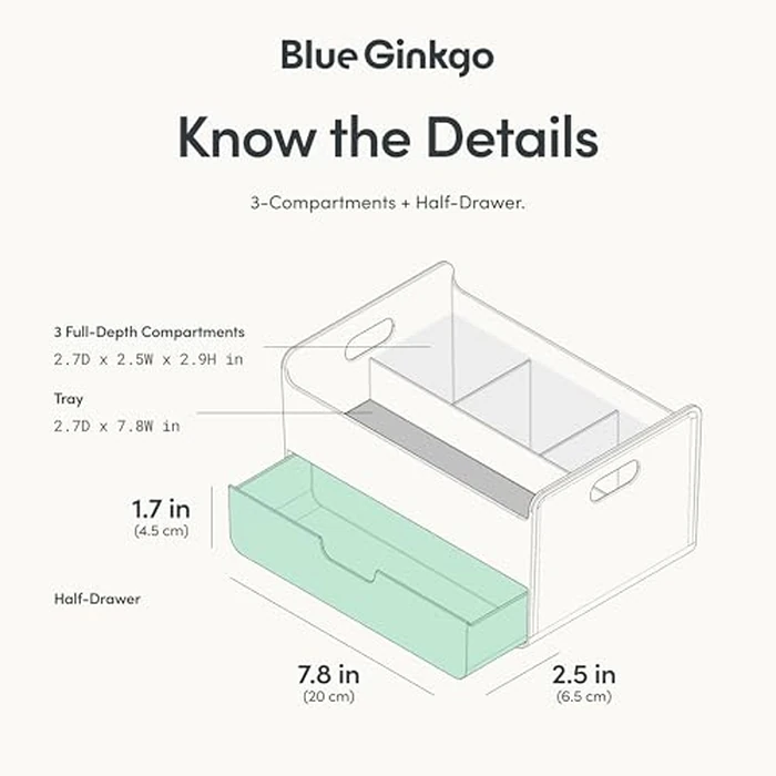 Blue Ginkgo Portable Desk Organizer - Compact 3 Compartment, Half-drawer Storage - Pen Holder, Stationery Desktop Organizer for Office, Makeup, Crafts (Made in Korea, Blue) by BLUE GINKGO - Image 4