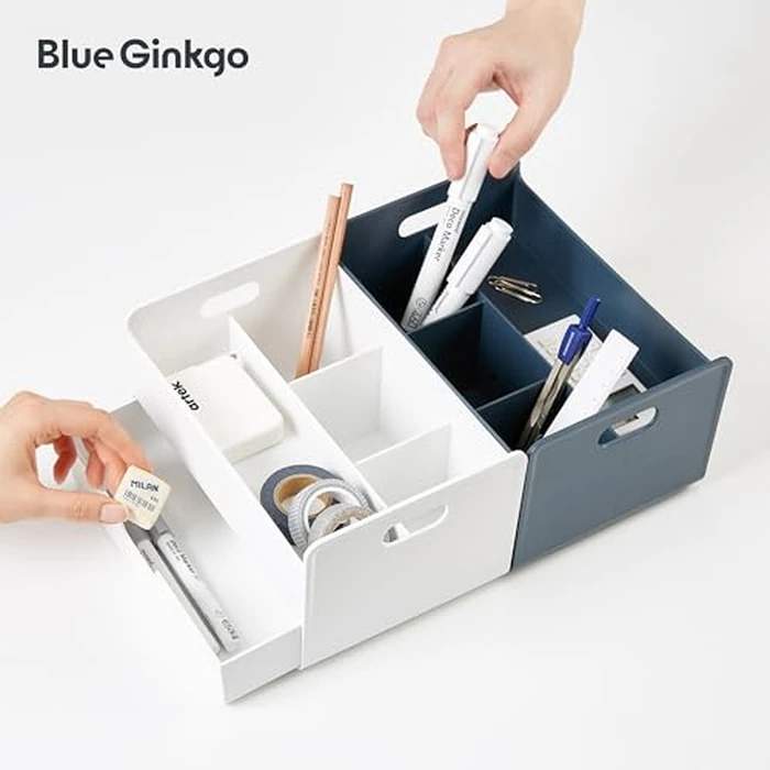 Blue Ginkgo Portable Desk Organizer - Compact 3 Compartment, Half-drawer Storage - Pen Holder, Stationery Desktop Organizer for Office, Makeup, Crafts (Made in Korea, Blue) by BLUE GINKGO - Image 7