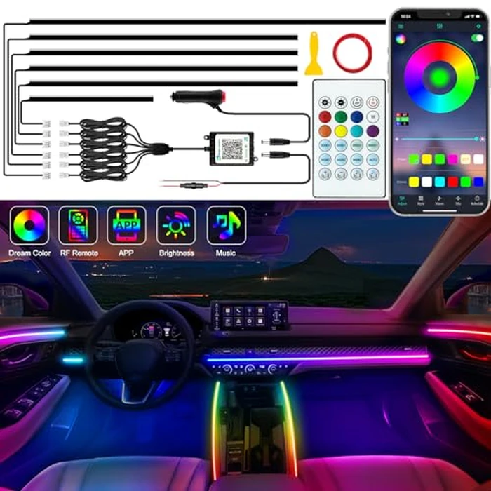 Jushope Interior Car LED Strip Lights, Acrylic LED Lights for Car with Dynamic Dreamcolor Chasing, Ambient Lighting Kits Music Sync Wireless APP and RF Remote Control (6 in 1) by Jushope - Used - Very Good condition - US$35.70