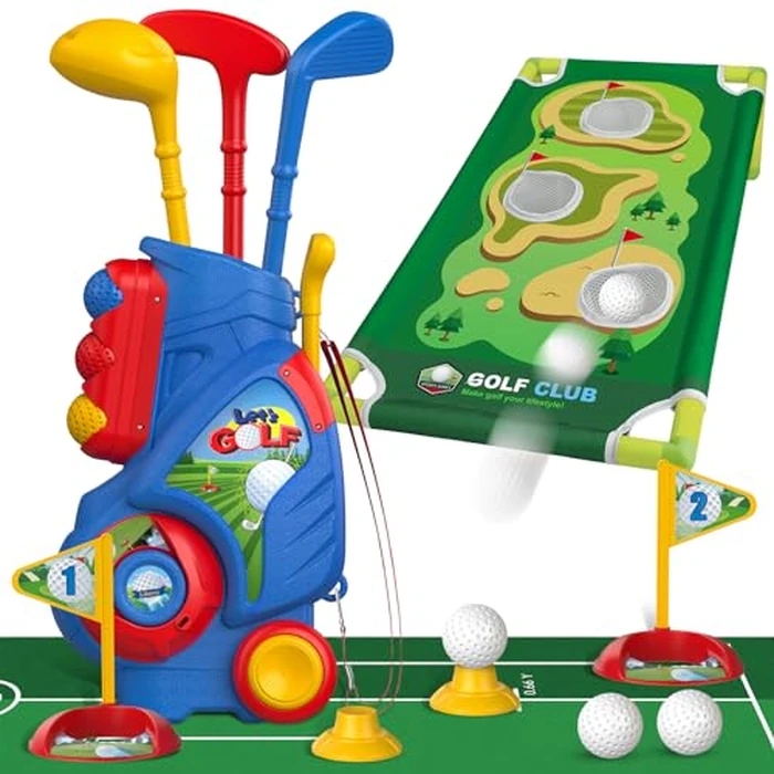 Liberry Toddler Golf Set for 2 3 4 5 Years Old Boys Girls, Upgraded Kids Golf Cart with Golf Cornhole Board & Putting Mat, Indoor and Outdoor Golf Toys Birthday Gifts by Liberry - Used - Like New condition - US$31.22