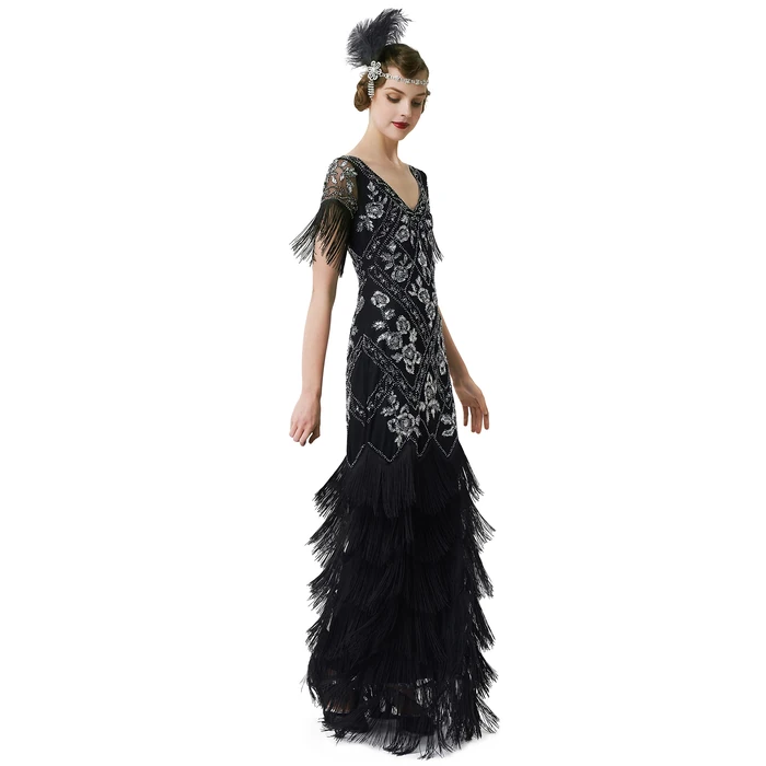 BABEYOND Women's Flapper Dress 1920s V-Neck Evening Gown Sequin Beaded Maxi Dress for Wedding Black Silver by BABEYOND - Used - Like New condition