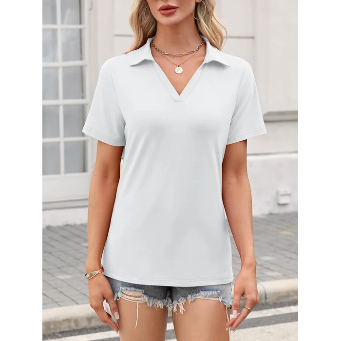 TICTICMISS Women's Polo Shirts Short Sleeve V Neck Summer Tops Business Casual Collared Shirts Loose Tees White by TICTICMISS - Image 2