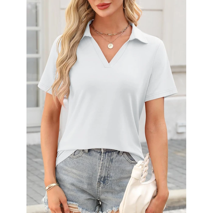 TICTICMISS Women's Polo Shirts Short Sleeve V Neck Summer Tops Business Casual Collared Shirts Loose Tees White by TICTICMISS - Image 4