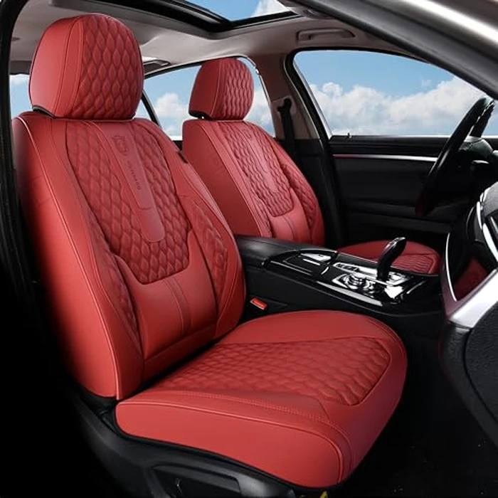 Coverado Car Seat Covers Front Seats, Luxury Faux Leather Red Seat Covers for Cars Waterproof Seat Covers with Lumbar Support, Car Seat Protector Universal Fit for Most Cars SUV Truck(Front, Red) by Coverado - Image 1
