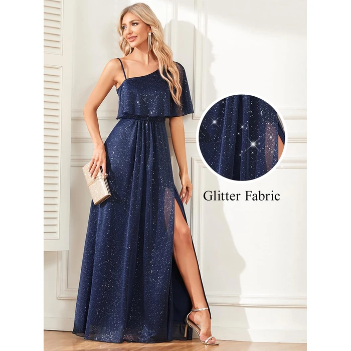 YHHOWEP Women's Glitter Long Dress Formal Elegant Sparkly A Line Split One Shoulder Bridesmaid Evening Ball Gown Party Dresses Navy Blue S by YHHOWEP - Image 10