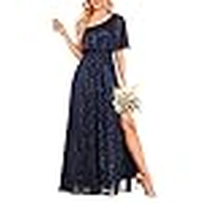 YHHOWEP Women's Glitter Long Dress Formal Elegant Sparkly A Line Split One Shoulder Bridesmaid Evening Ball Gown Party Dresses Navy Blue S by YHHOWEP - Image 3