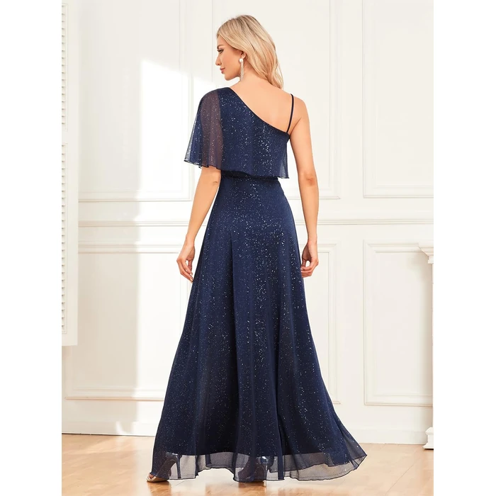 YHHOWEP Women's Glitter Long Dress Formal Elegant Sparkly A Line Split One Shoulder Bridesmaid Evening Ball Gown Party Dresses Navy Blue S by YHHOWEP - Image 4