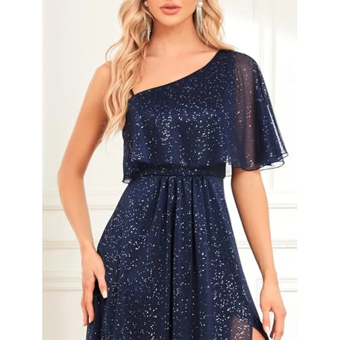 YHHOWEP Women's Glitter Long Dress Formal Elegant Sparkly A Line Split One Shoulder Bridesmaid Evening Ball Gown Party Dresses Navy Blue S by YHHOWEP - Image 8