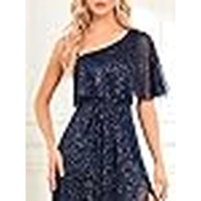 YHHOWEP Women's Glitter Long Dress Formal Elegant Sparkly A Line Split One Shoulder Bridesmaid Evening Ball Gown Party Dresses Navy Blue S by YHHOWEP - Image 9