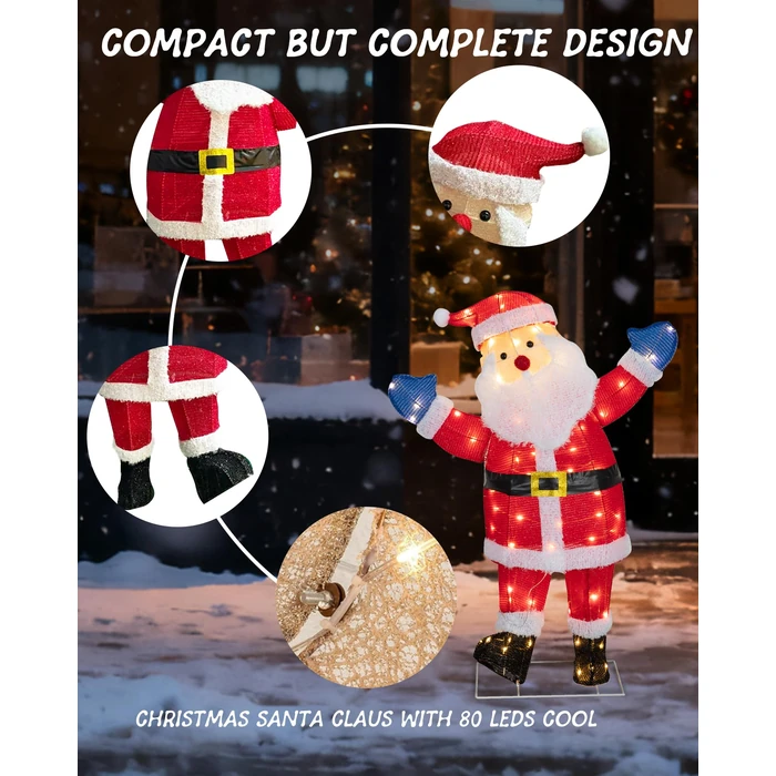 Lighted Christmas Santa, Outdoor Indoor Christmas Holiday Decoration Outdoor Pre-lit 3D Santa Claus Decor, with 80 Warm LED Lights for Lawn Yard Garden Indoor Player by Pterying - Image 4