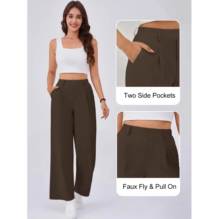 Gracyoga Womens Stretchy Work Pants Wide Leg Casual Pull On Dress Pants High Waisted Business Trousers Slacks with Pockets Coffee L by Gracyoga - Image 4