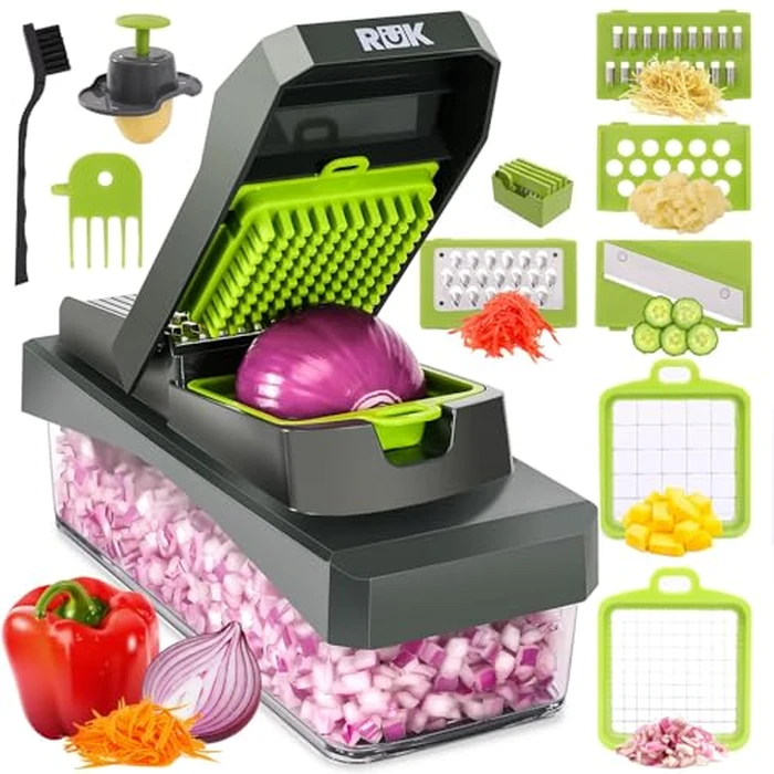 RüK 10-in-1 Vegetable Chopper - 6 Blade Veggie Chopper with Container, Food Dicer, Onion Cutter, Cheese Grater, Mandoline Slicer, Kitchen Gadgets & Home Essentials (Gray) by RüK - Used - Very Good condition - CA$26.80
