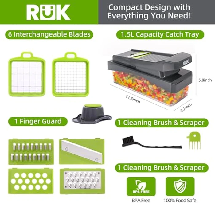 RüK 10-in-1 Vegetable Chopper - 6 Blade Veggie Chopper with Container, Food Dicer, Onion Cutter, Cheese Grater, Mandoline Slicer, Kitchen Gadgets & Home Essentials (Gray) by RüK - Image 2