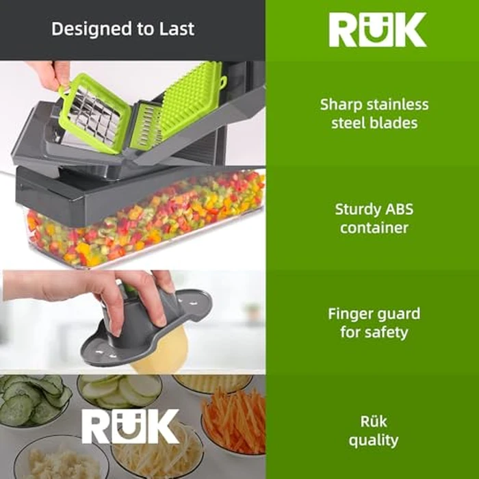 RüK 10-in-1 Vegetable Chopper - 6 Blade Veggie Chopper with Container, Food Dicer, Onion Cutter, Cheese Grater, Mandoline Slicer, Kitchen Gadgets & Home Essentials (Gray) by RüK - Image 7