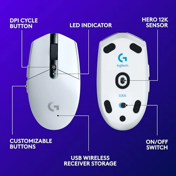 Logitech G305 Lightspeed Wireless Gaming Mouse, Hero Sensor, 12,000 DPI, Lightweight, 6 Programmable Buttons, 250h Battery, On-Board Memory, Compatible with PC, Mac - White by Logitech G - Image 6