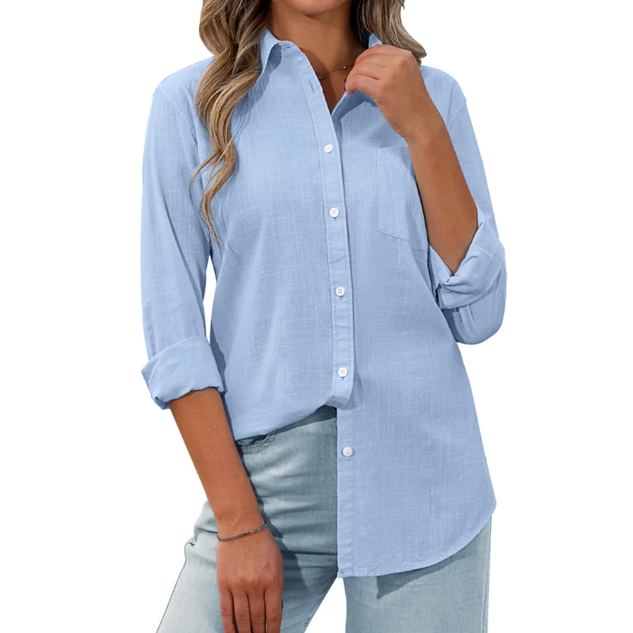 siliteelon Womens Cotton Button Down Shirt Linen Long Sleeve Button Up Dress Shirts Solid Casual Work Office Blouse Blue S by siliteelon - Used - Very Good condition