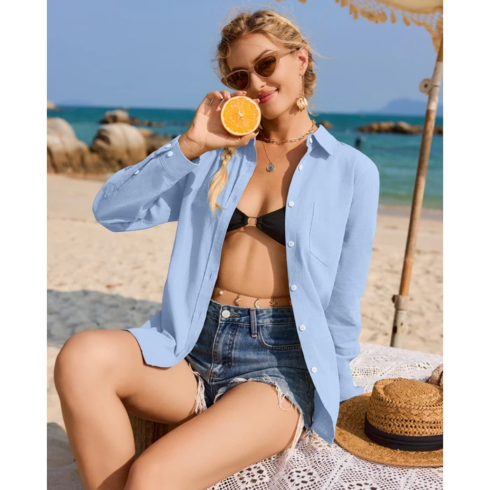 siliteelon Womens Cotton Button Down Shirt Linen Long Sleeve Button Up Dress Shirts Solid Casual Work Office Blouse Blue S by siliteelon - Image 3