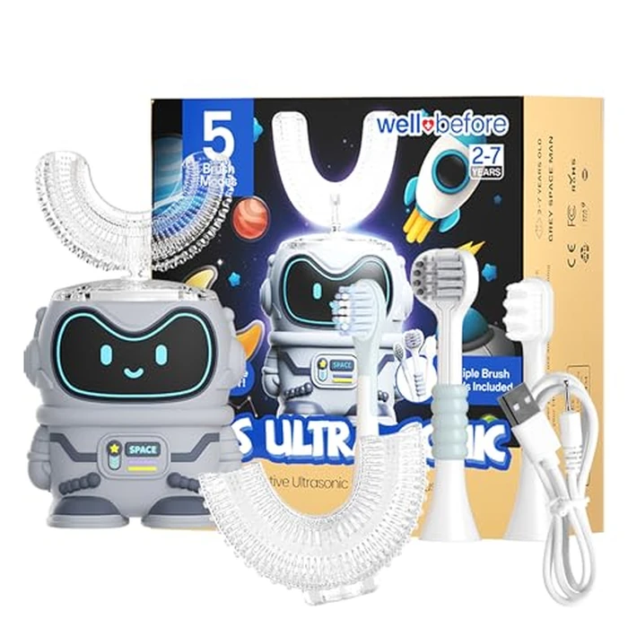 Well Before Kids U Shaped Electric Toothbrush with 5 Brush Heads, Ultrasonic, 5 Modes, IPX7 Waterproof Design (Spaceman, Grey Ages 2-7) by Well Before - Image 1