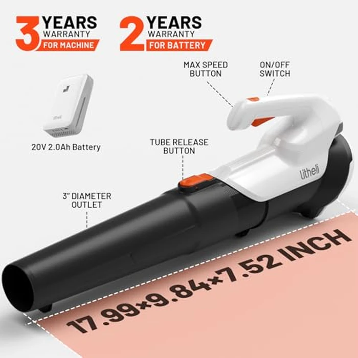 Litheli 20V Cordless Leaf Blower Battery Powered Leaf Blower, 2.0 Ah Battery Lightweight 2 Speed Axial Electric Blowers for Lawn Care, Patio, Snow, Dust, Blowing Leaves by LiTHELi - Image 5