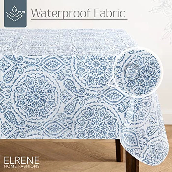 Elrene Home Fashions Savannah Boho Paisley Water- and Stain-Resistant Vinyl Tablecloth with Flannel Backing, 52 Inches X 70 Inches, Rectangle, Blue by Elrene - Image 2