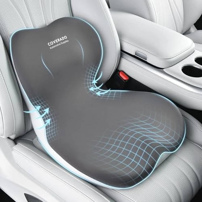 Coverado [Upgraded] Car Seat Cushion and Lumbar Support Pillow One Piece, Memory Foam Ergonomic Back Support Driving Seat Cushion for Back Pain, Non-Slip Washable Cushion for Car, Driver, Office by Coverado - Used - Acceptable condition - US$30.24