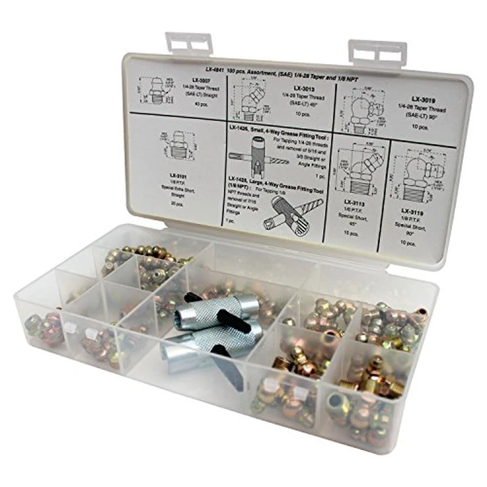 Lumax LX-4841 Gold/Silver (SAE) 1/4"-28 Taper and 1/8" P.T.F. 100 Piece Grease Fitting Assortment., Designed to Meet the Demanding Requirements of Most Automotive, Agricultural & Industrial by LUMAX - Image 3