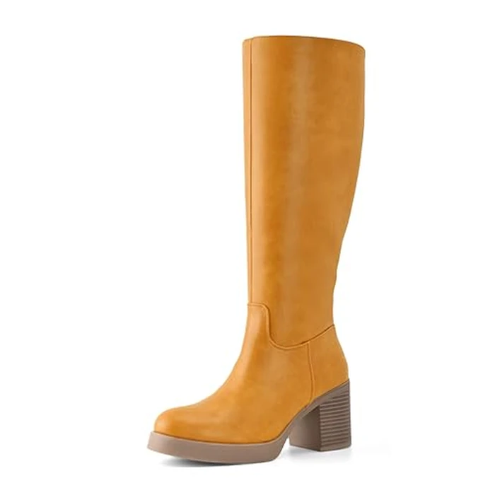 Shoe'N Tale Platform Knee High Boots for Women Block Chunky Heel Round Toe Side Zipper Tall Boots(6.5,Banana) by Shoe'N Tale - Used - Like New condition