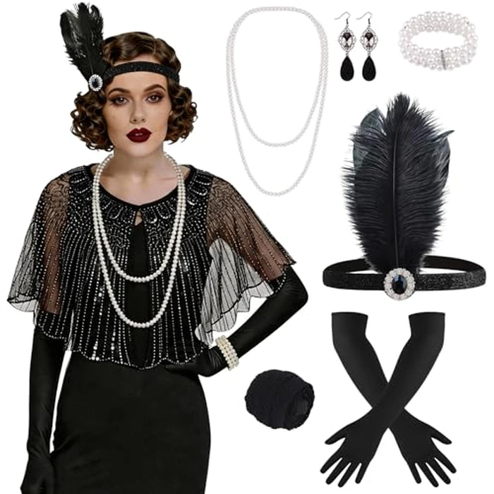 ELECLAND 10 Pieces 1920s Flapper Gatsby Accessories Set Fashion Roaring 20's Theme Set (Black 2) by ELECLAND - Image 1