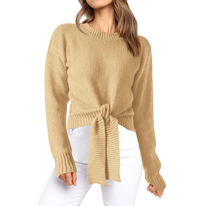 Okiwam Women's Long Sleeve Cropped Sweaters Casual Knit Pullover Tie Front Crew Neck Fall Outfits Spring Fashion Clothes 2026-S Khaki by Okiwam - Image 1